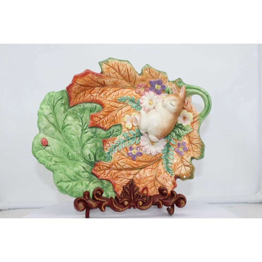 Fitz & Floyd - Classic Woodland Spring Bunny Sleeping On Leaf Shaped Candy Dish
